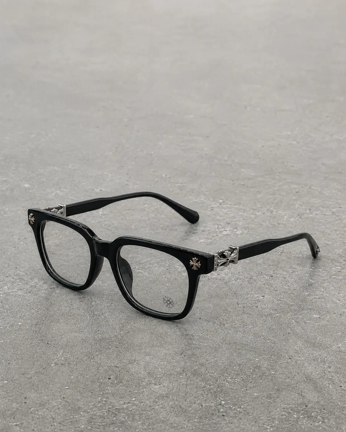 Y2K black and silver “chrome” cross glasses clear lens