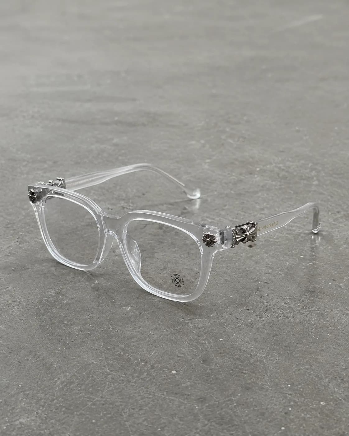 Y2K transparent and silver “chrome” cross glasses clear lens